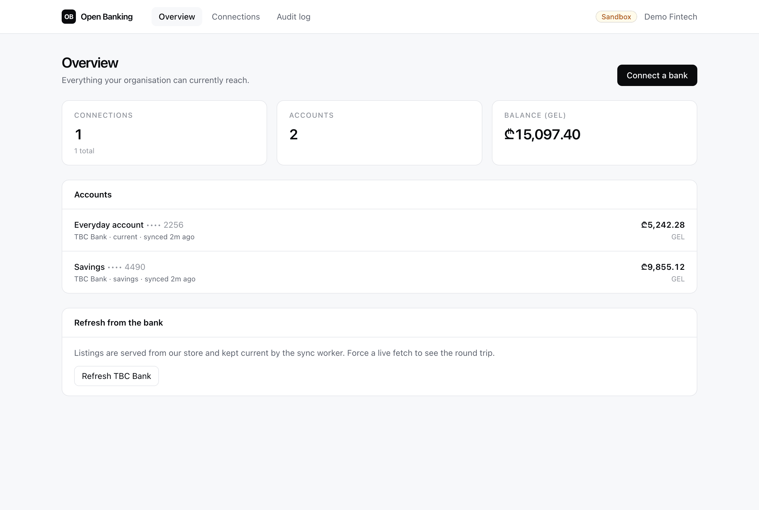Open Banking dashboard